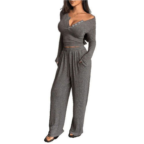 New spring and autumn short style slim v-neck buttoned long-sleeved T-shirt bottoming shirt wide-leg pants trousers suit Europe and America