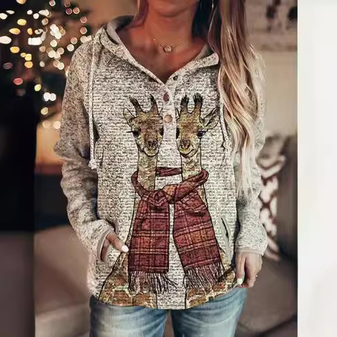 Women's Long-Sleeve Patterned Print Hooded Sweatshirt with Relaxed Urban Leisure Style, Pure Color, Fall Edition, European and American Style