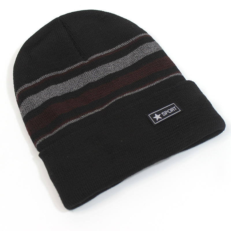 冬男士针织帽冬天通线帽条纹毛线帽子带绒滑雪防寒保暖帽抓绒帽