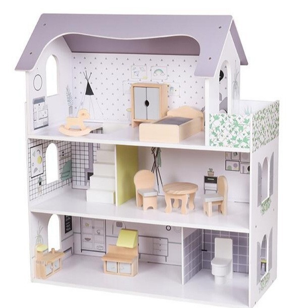 Casa de madera de tres pisos muñeca casa de madera simulación de escena villa mini dormitorio sala de estar muebles juegos de juguetes