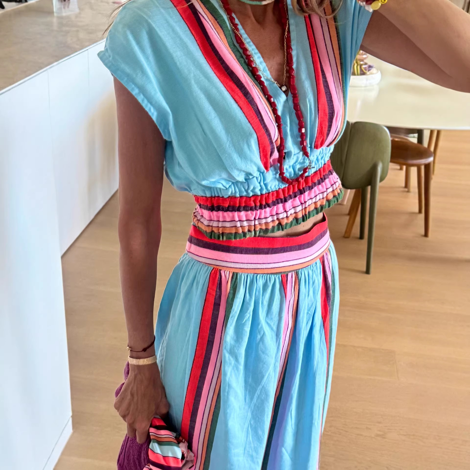 2026 Cross-border European And American Summer Striped Print Casual Fashion V-neck Waist-cinching Skirt Ins-style Set_ecoleips.com