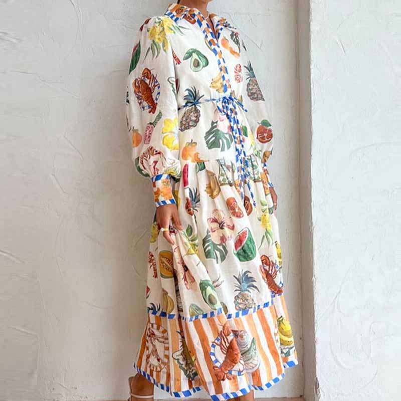 Printing Pattern Autumn Season Women's Gender Wholesale Women's Vintage Style Ethnic Style Printing Printing Travel Turndown Long Sleeve Swing Dress