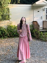 甜美风套装女春秋新款条纹撞色针织衫毛衣高腰半身裙两件套感