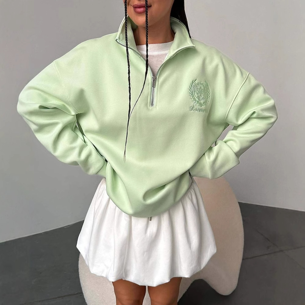 2025 Spring Autumn Candy Color Series Letter Embroidered Sweatshirt Front And Back Printed Lazy Half-Zip Top For Women_voghion.com