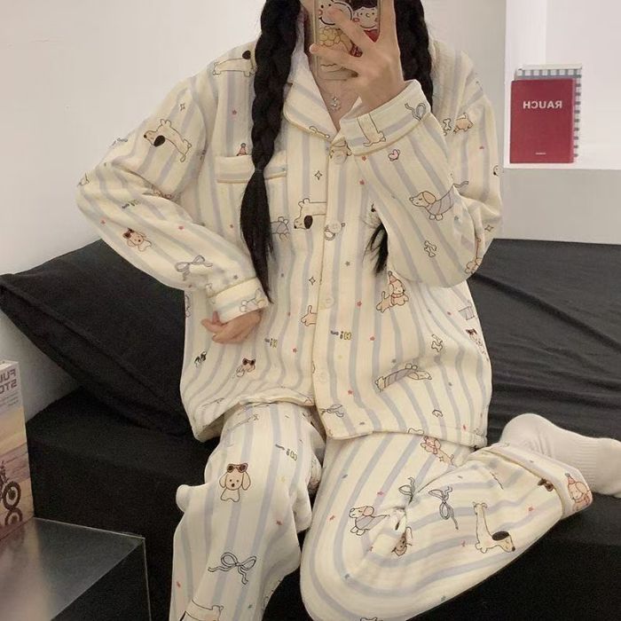 Pijamas de algodón nubes al por mayor transfronterizos primavera y otoño nuevos pantalones de manga larga de dibujos animados cardigan se pueden usar con ropa de casa