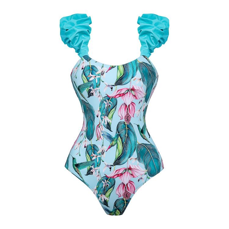 One-shoulder Ruffled Printed One-piece Swimsuit Suit