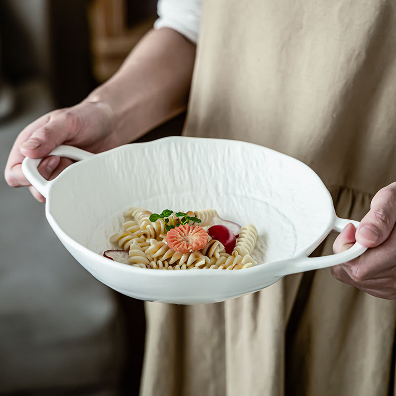 alto valor de color blanco estampado de piedra doble oreja simple hogar de color sólido gran tazón cubiertos tazón al por mayor práctico tazón portátil