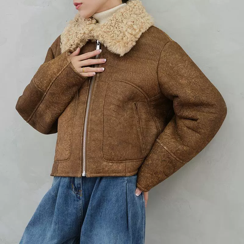 Пальто из ягнёнка One Merid Retro Fur Skin - короткая меховая куртка фиолетового цвета с эффектом стирки, женская зимняя взрывная модель 2024 года
