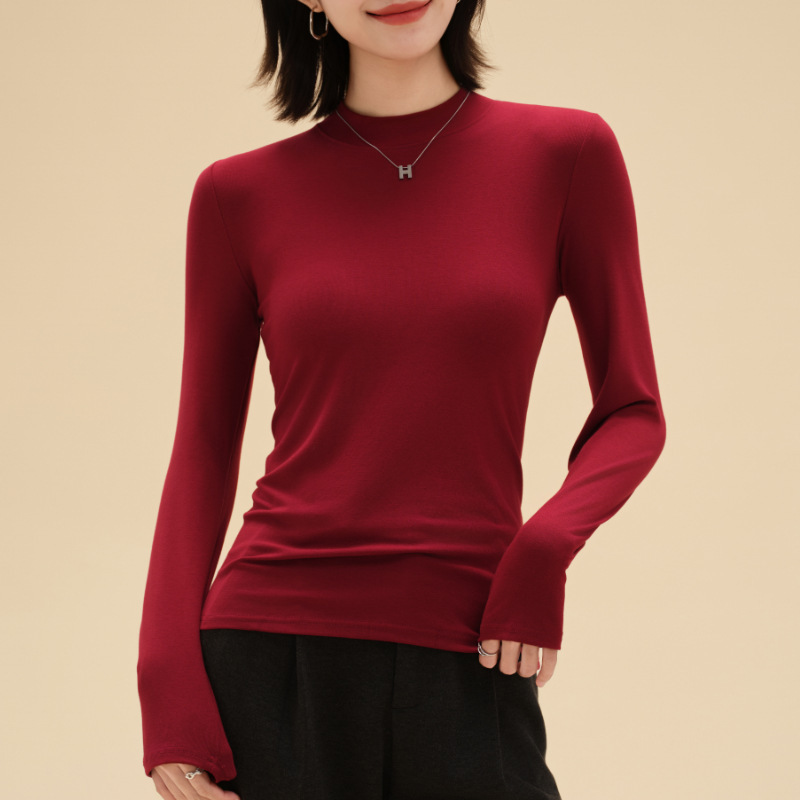 莫代尔棉长袖百搭修身显瘦圆领磨毛打底上衣女外穿小立领打底衫|undefined