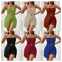 实拍现货shein跨境独立站1688热卖欧美纯色无肩带上衣短裤套装