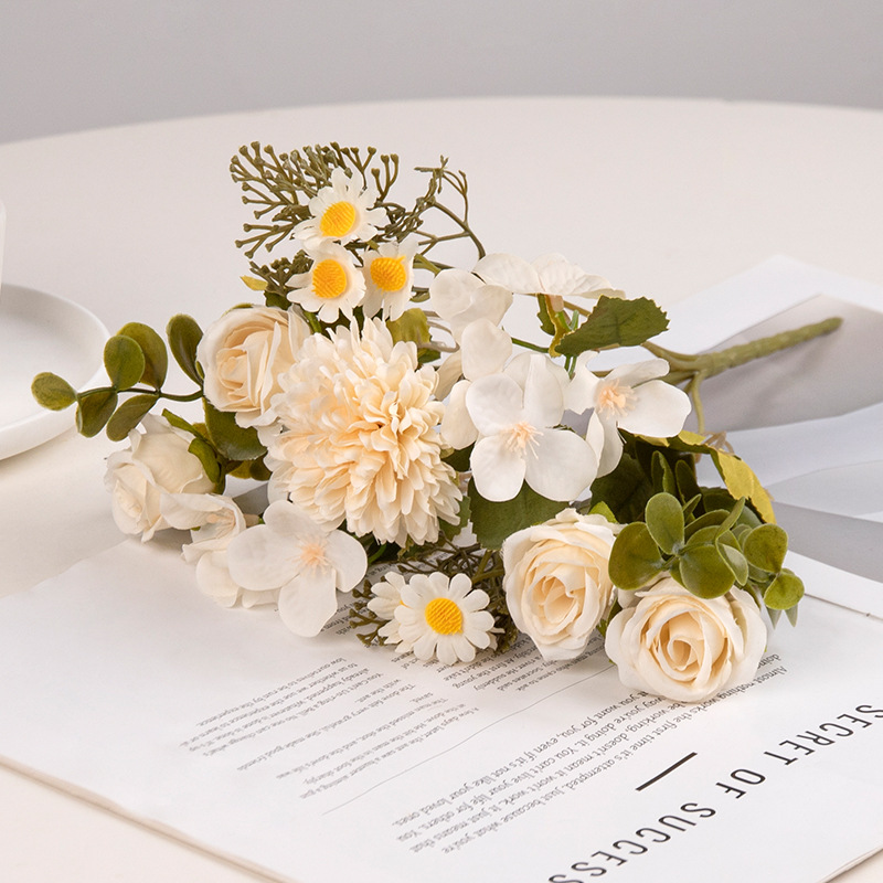 Flor artificial, color otoñal, retro, manguito pequeño, manguito, hortensia de 7 tenedores, arco de boda de rosas, decoración de flores de guía de carreteras, manzanilla de flores falsas