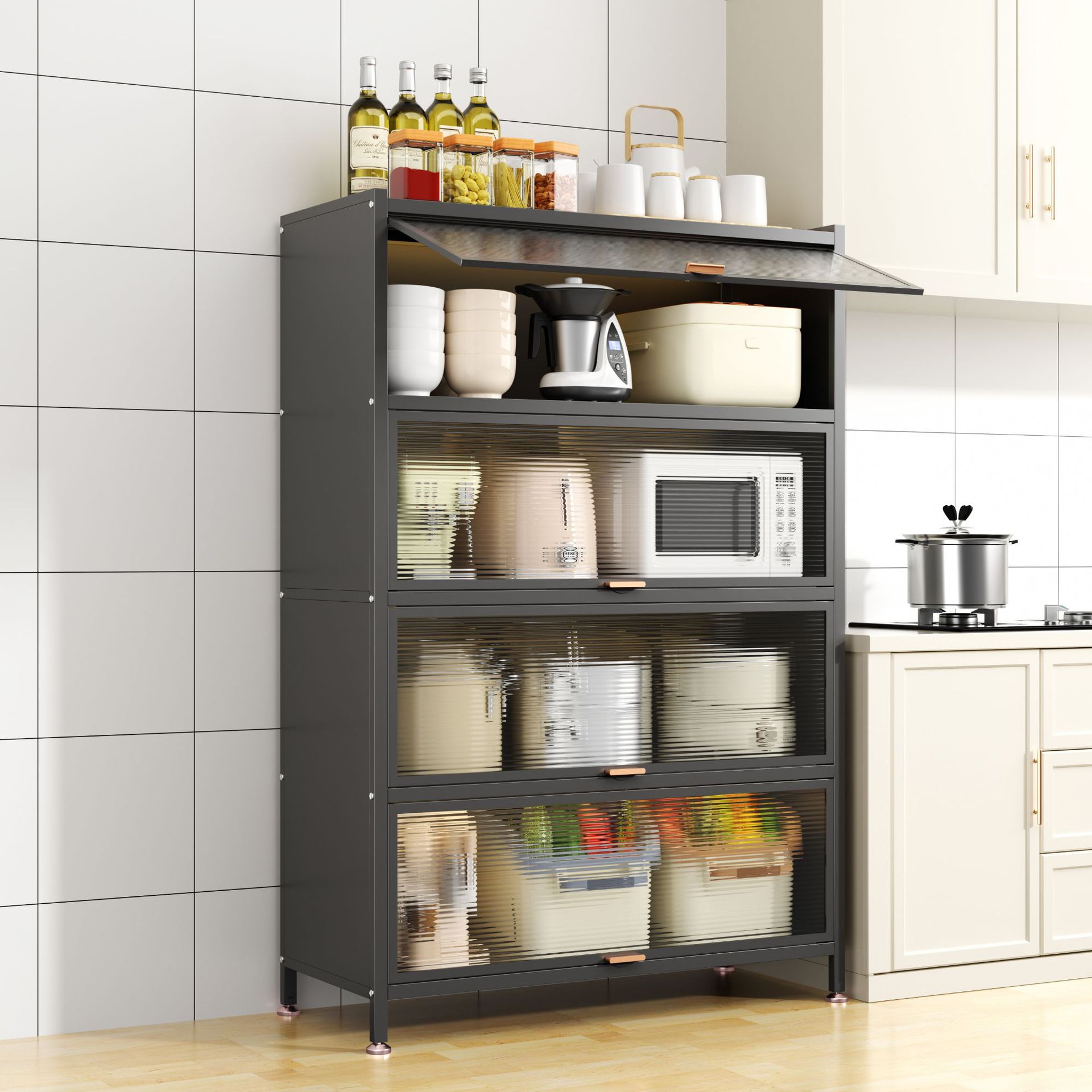 Estantes de cocina gabinete de almacenamiento multicapa de piso a techo horno microondas hogar gabinete multifuncional con puerta armario de almacenamiento a prueba de polvo
