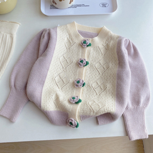Lini 24 Spring New Korean Style Baby Small Flower Round Neck Knit Cardigan Children Fashion Girl Top Trendy