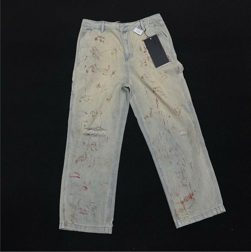 Melancholy High Street Brand Bloodstained Dirty Dyed Ripped Trendy Casual Logging Workwear_mkmklike.com