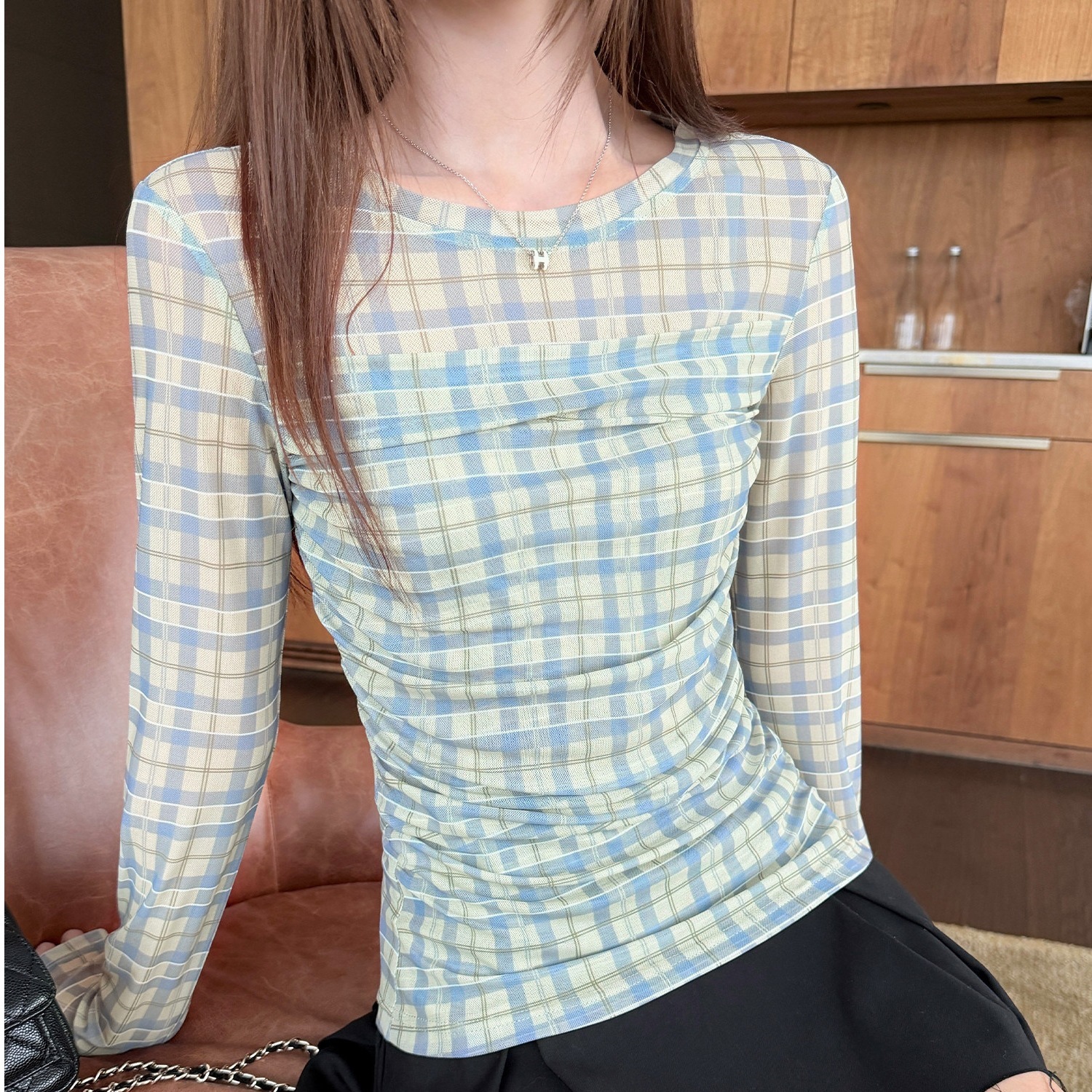 2026新款春夏T恤女薄款微透格子印花褶皱显瘦上衣小衫短袖常规袖