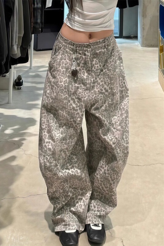 American Retro Leopard Print Scimitar Jeans for Women, New Summer Street Style, Loose Wide-Leg Floor-Length Pants