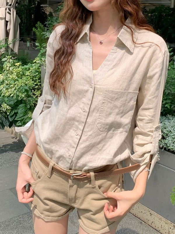 Polo翻领长袖棉麻衬衫女夏法式气质防晒开衫外套外搭宽松衬衣上衣|undefined