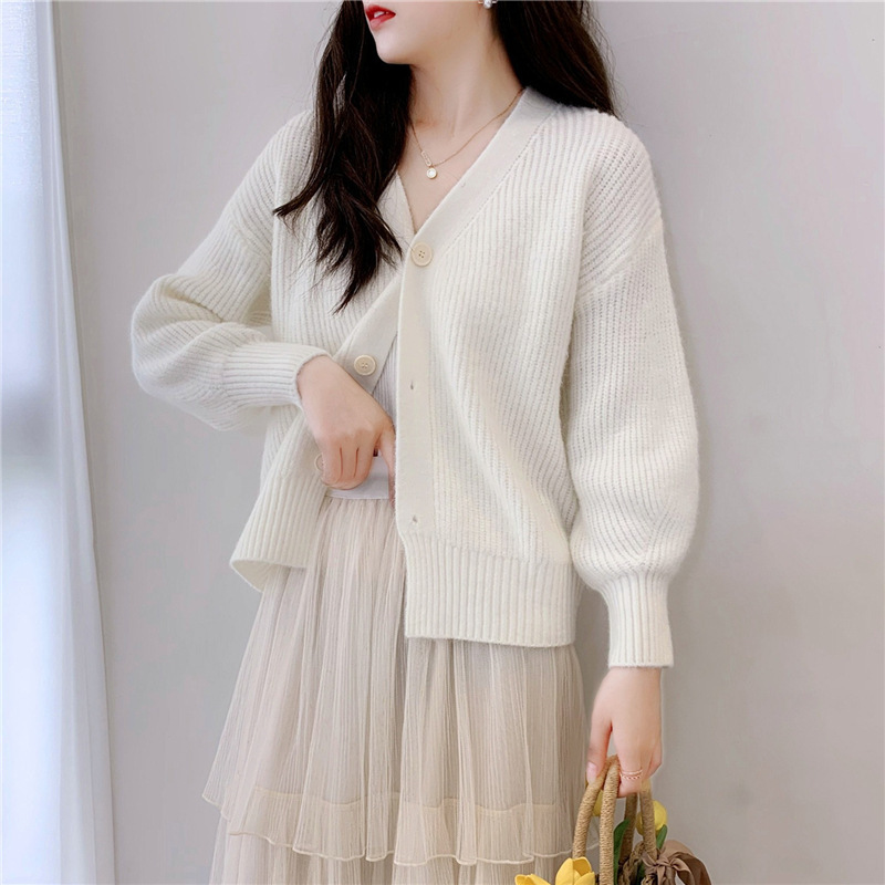French V-Neck Candy Color Long Sleeve Cardigan Women's Loose Knit Sweater Coat Casual Elegant Outerwear_ecoleips.com