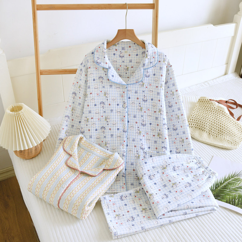 Pure cotton air-layer pajamas for women, spring and autumn long-sleeve set, collared cardigan, loose and thick, suitable for home wear and can be worn outside Pure cotton air-layer pajamas for women, spring and autumn long-sleeve set, collared cardigan, loose and thick, suitable for home wear and can be worn outside