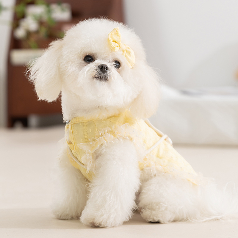 Chaleco de bolso de encaje pastoral tranquilo amarillo perro pequeño bichón peluche mascota perro sin mangas perrito ropa image 4