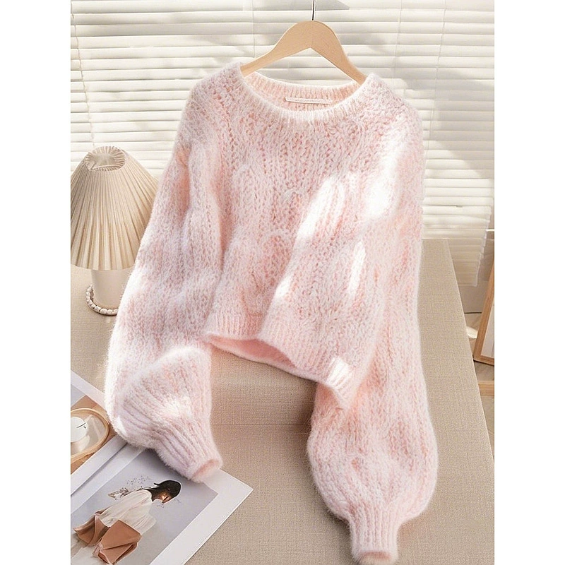 Французский розовый мягкий клейкий ленивый премиум-хитер свитер 2024 осень новая женская супер красивый трикотажный топ