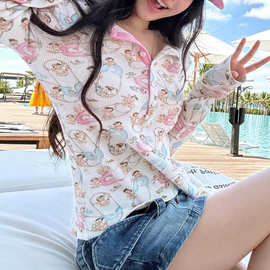 华夫格印花亨利t恤女早春穿搭肌理感减龄上衣