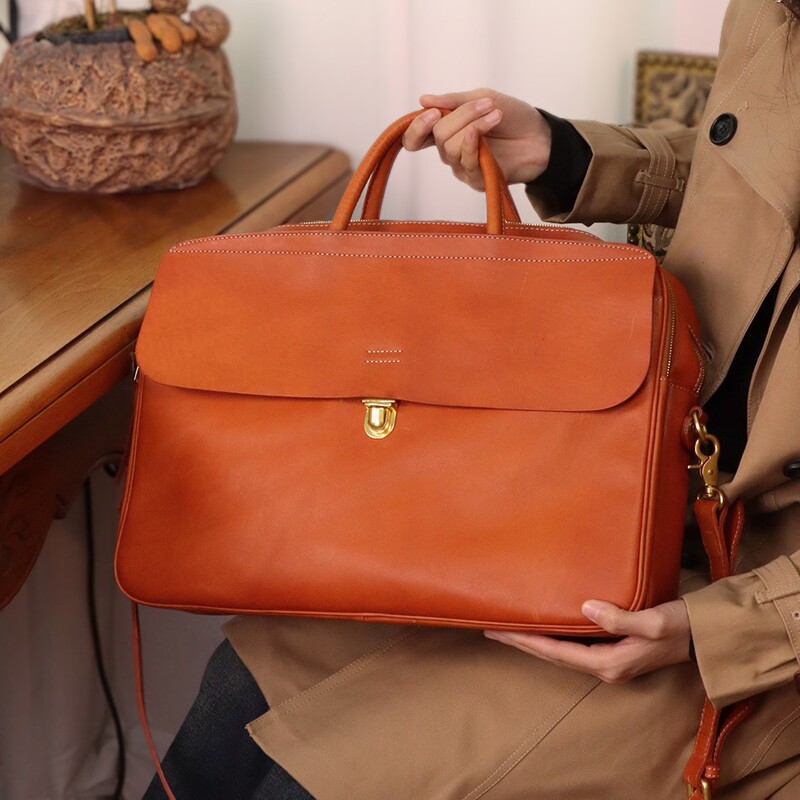 [J6] Can Be Inserted into a Trolley Case, Handbag, First-Layer Vegetable-Tanned Cowhide, Vintage Briefcase, Business Commuter Laptop Bag 7738