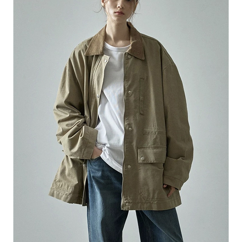 FP Homemade Workwear Coat Women's 24ss Autumn and Winter Pure Cotton Stitching Collar Korean Casual Mid-length Jacket Coat