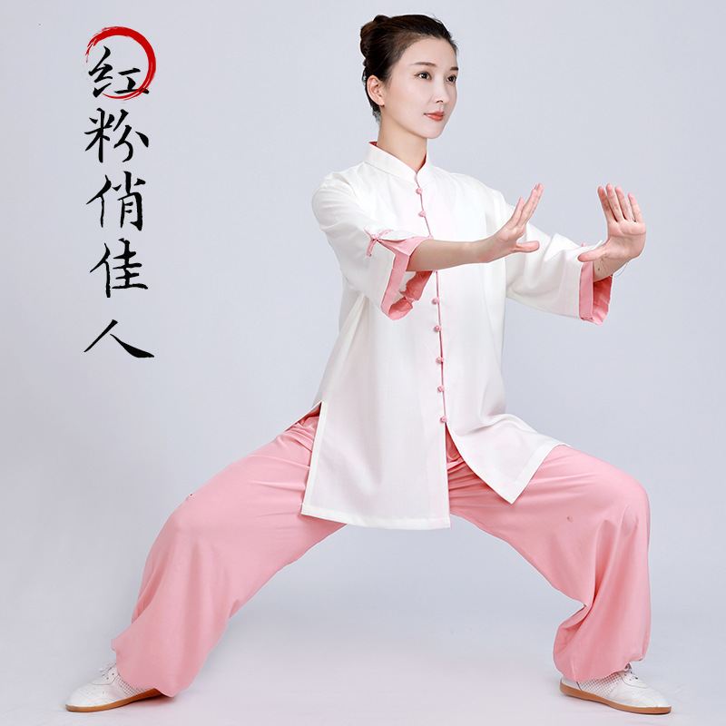 Pink blue cotton and flax and mountain tai chi Clothing for women  female  tai chi kung fu wushu uniforms short-sleeved summer thin clothing