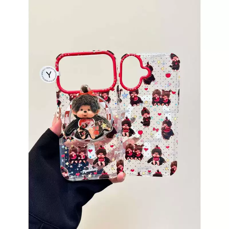 เคสแม่เหล็ก·ลายจุดดาว ประดับกลิตเตอร์ น่ารัก Monchhichi Imd เคสโทรศัพท์เหมาะสำหรับ iPhone 17, 16, 15, 14, 13