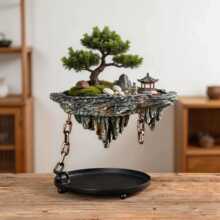 新中式创意悬浮铁链假山仿岩石陶瓷土培盆景办公桌面造景装饰花盆