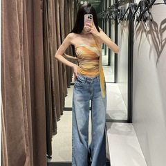 メッシュスタイルの女性のプリーツチューブトップアメリカンプリントレトロスタイルアウターショートベストワンショルダー弾性ホットガール