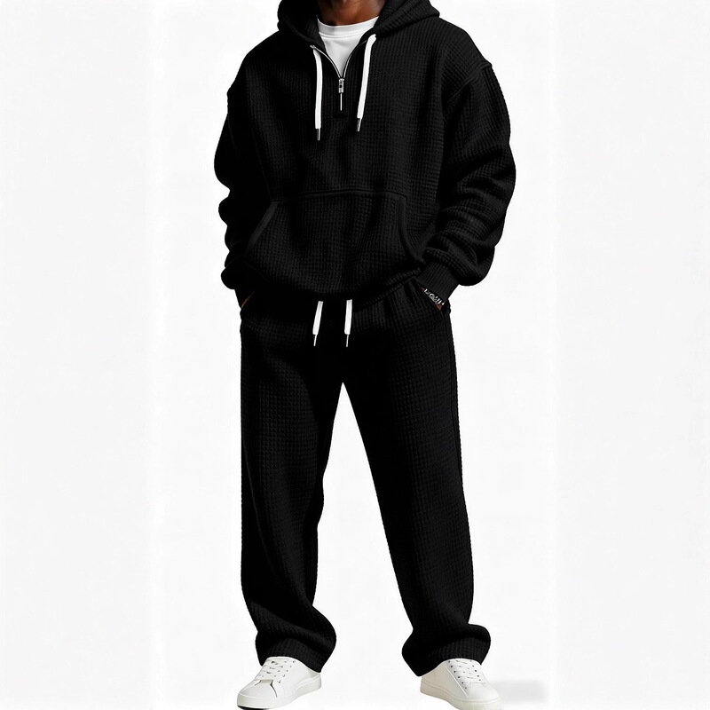 Cross-border Amazon best-selling autumn and winter waffle knit hooded sweatshirt and sweatpants set 3D printed casual sports suit for men Cross-border Amazon best-selling autumn and winter waffle knit hooded sweatshirt and sweatpants set 3D printed casual sports suit for men