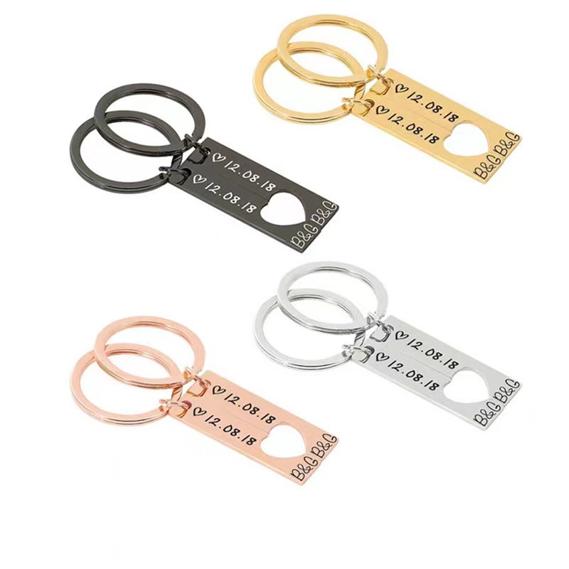 18g Weight Hot Selling Stainless Steel Strip Heart-Matching Personality Simple Couple Keychain Engraved Date Factory In Stock Wholesale