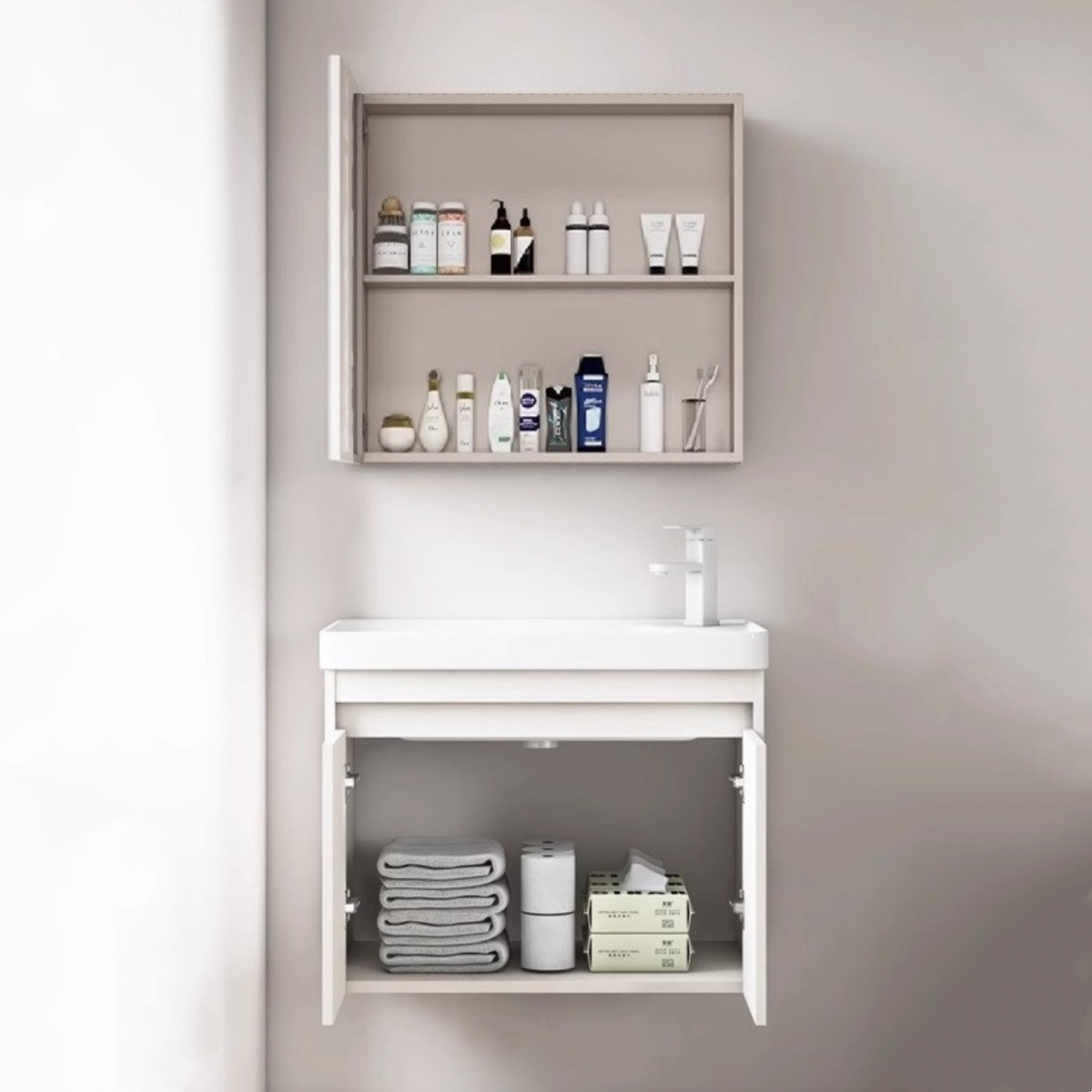 Color crema más profundo espacio gabinete de baño de aluminio tipo pequeño gabinete de lavabo combinado en un lavabo lavabo gabinete lavabo