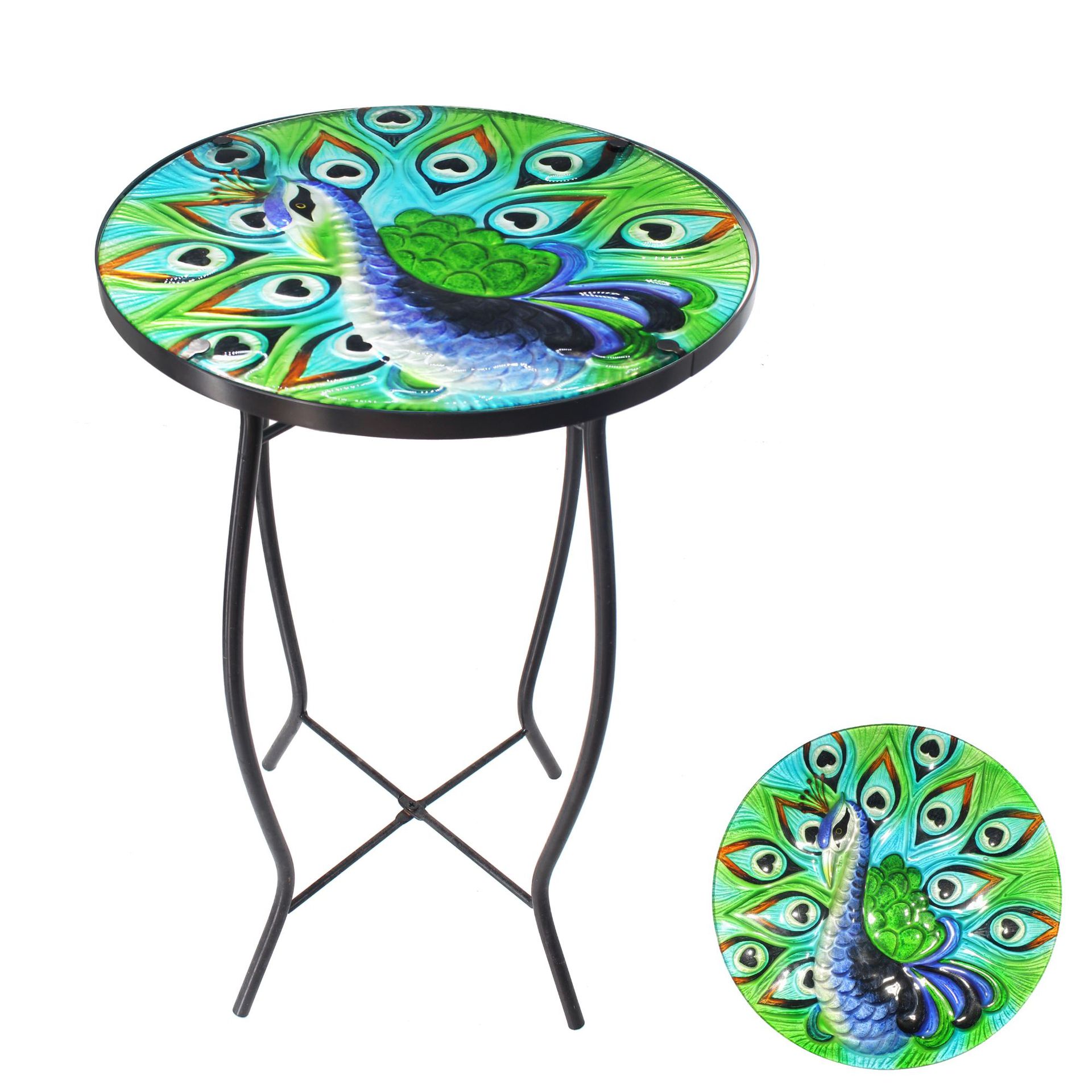 蓝绿色太阳能孔雀玻璃桌面 花园摆设桌面茶几家居摆设