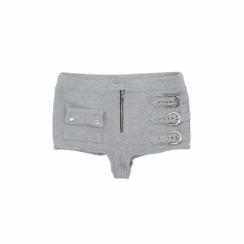 American-Style Dark Motorcycle Shorts with Multiple Air Vents on the Sides, Low Waist, Metal Buckle Design, Front Zipper, Workwear-Style, Hip-Hugging Hot Pants for Women
