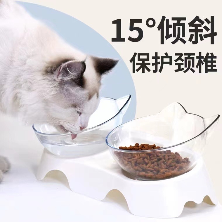 批发猫碗 猫咪双碗倾斜15°护颈防外溅狗碗自动饮水器 宠物双碗