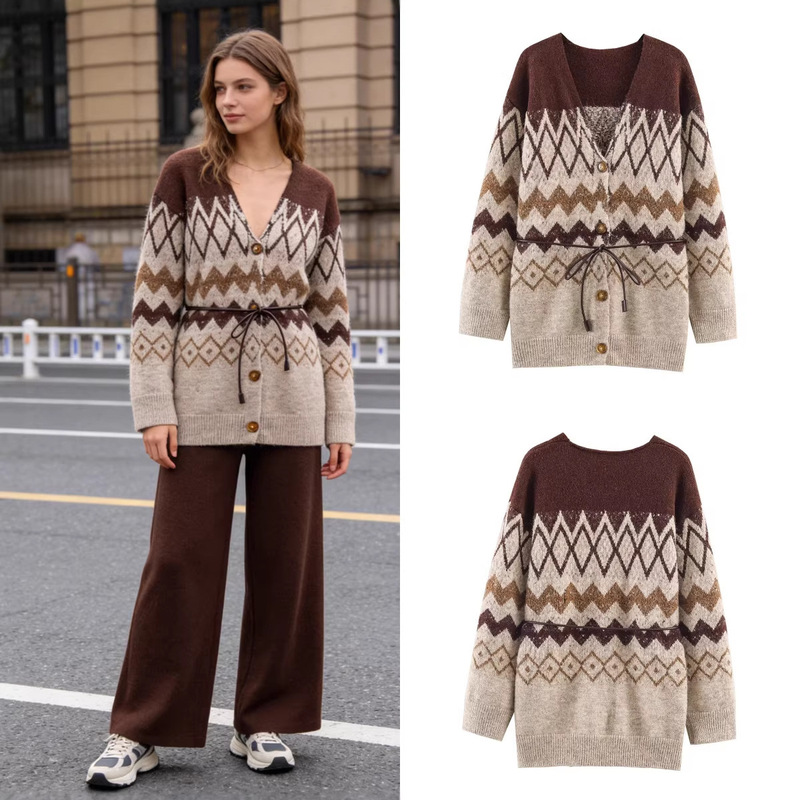 Za Foreign Trade Cross-Border Wholesale European and American Style Women's Autumn V-Neck Jacquard Knitted Cardigan with Belt Za Foreign Trade Cross-Border Wholesale European and American Style Women's Autumn V-Neck Jacquard Knitted Cardigan with Belt