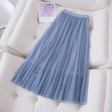 网纱钉珠半身裙女2024新款中长款高腰a字百褶裙垂感纱裙时尚百搭