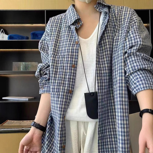 Blue Grid Long-Sleeve Women's Shirt Spring Summer Autumn Sun Protection Top Casual Loose Matchable Top Thin Jacket