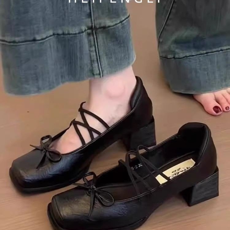 法式复古玛丽珍鞋女2025秋季新款粗跟方头蝴蝶结小皮鞋一字带单鞋|undefined