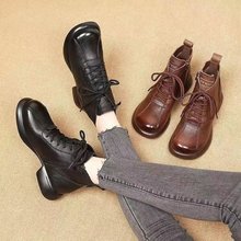 复古短靴女2023秋冬新款圆头系带厚底短靴低筒软皮妈妈鞋低跟