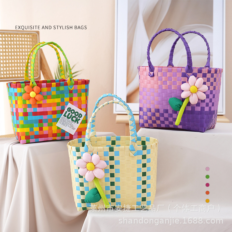 Cute Decorative Handmade Woven Bag, Gift Basket, Children's Handbag, DIY Small Square Bag, Camping Picnic Basket