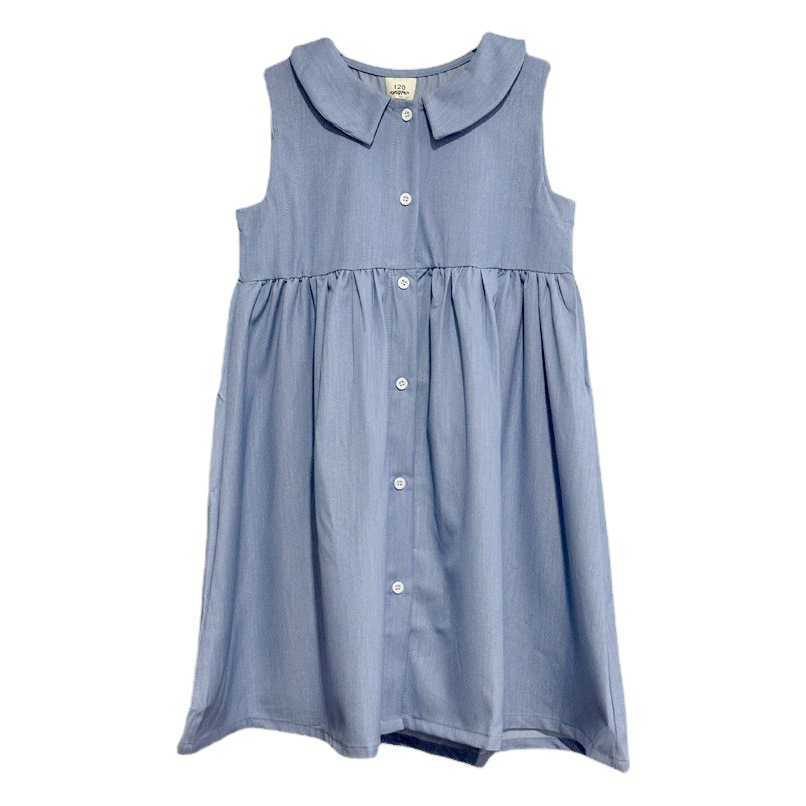 Niñas Tencel Denim vestido de verano para niños artístico estilo universitario princesa vestido solapa media y grande falda de algodón para niños