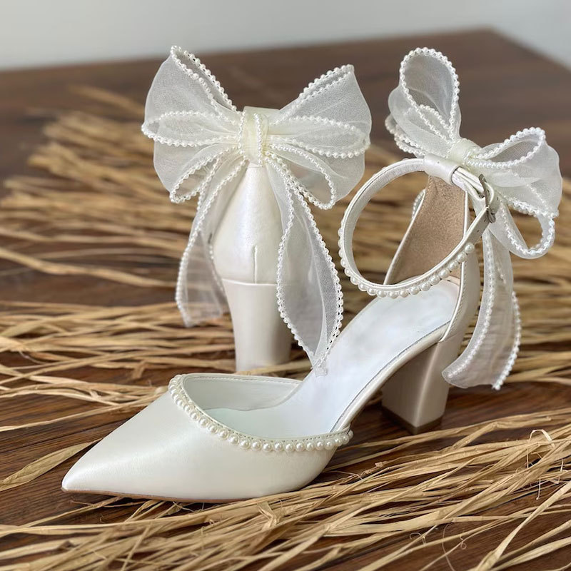 Pearl Bow Thick Heel Hollow High Heels 2025 Summer White Wedding Shoes Pointed Toe Lady Buckle Women's Shoes 43
