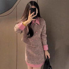 东大门2025冬季新款撞色翻领小香风双排扣外套高腰半身裙套装1859