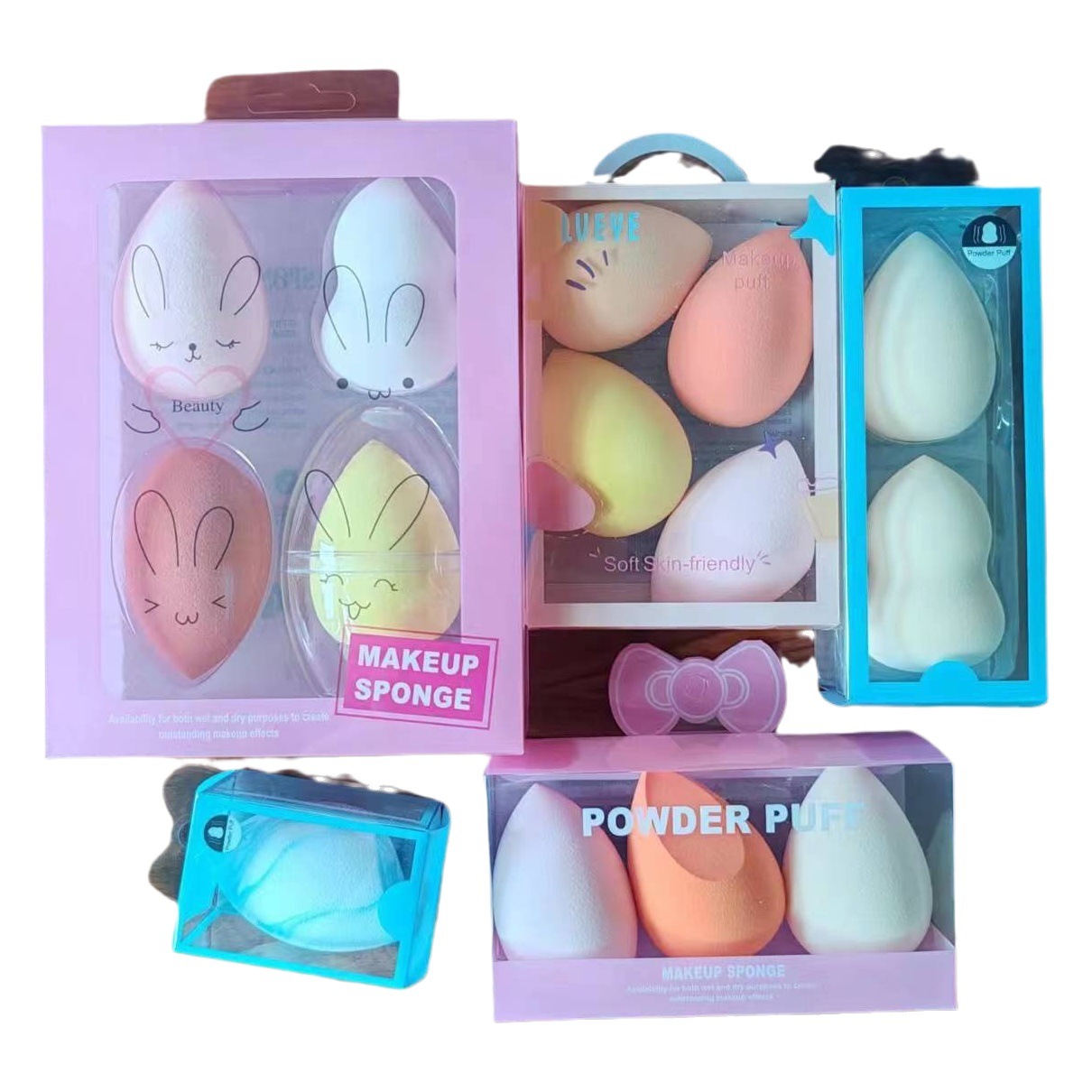Juego de esponjas de maquillaje en caja de regalo de 4 piezas, se expanden al mojarlas en agua, juego de esponjas de maquillaje en caja de regalo, esponja de maquillaje al por mayor, esponja de maquillaje.