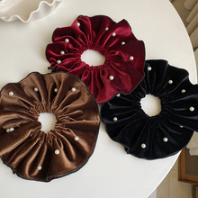 双层镶珍珠丝绒大肠发圈高级感小香风褶皱马尾发圈秋冬复古发绳女