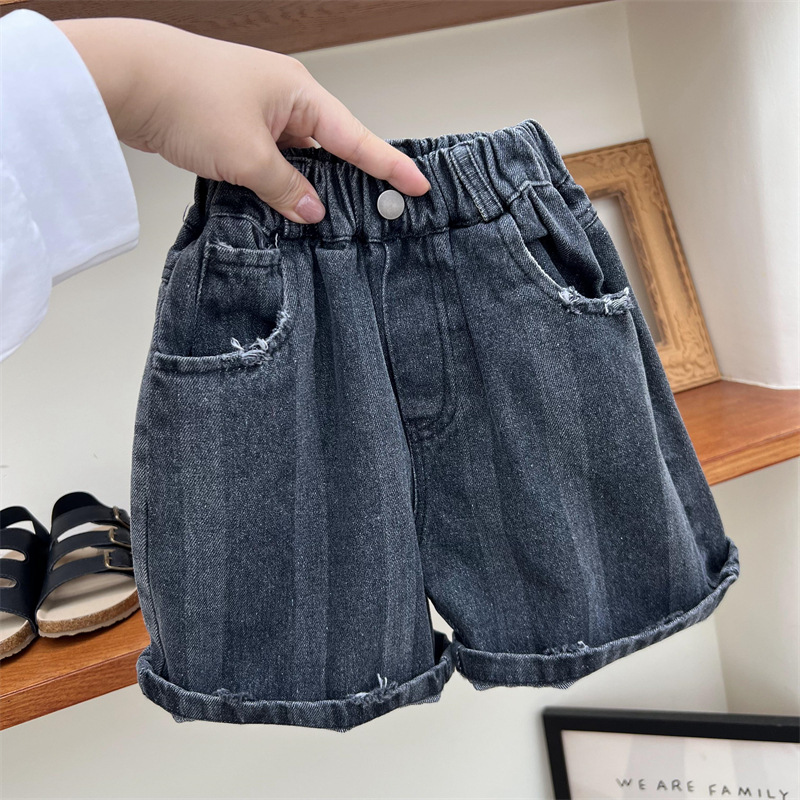 Boys summer American distressed shorts, children's dark cut denim loose casual pants, 5/4 pants_voghion.com